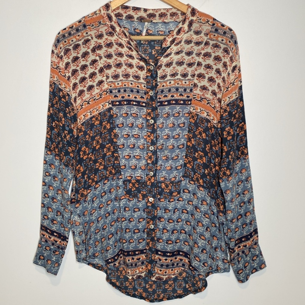 Free People Caravan Floral Button Patchwork Boho Rayon Top XS - Picture 3 of 12